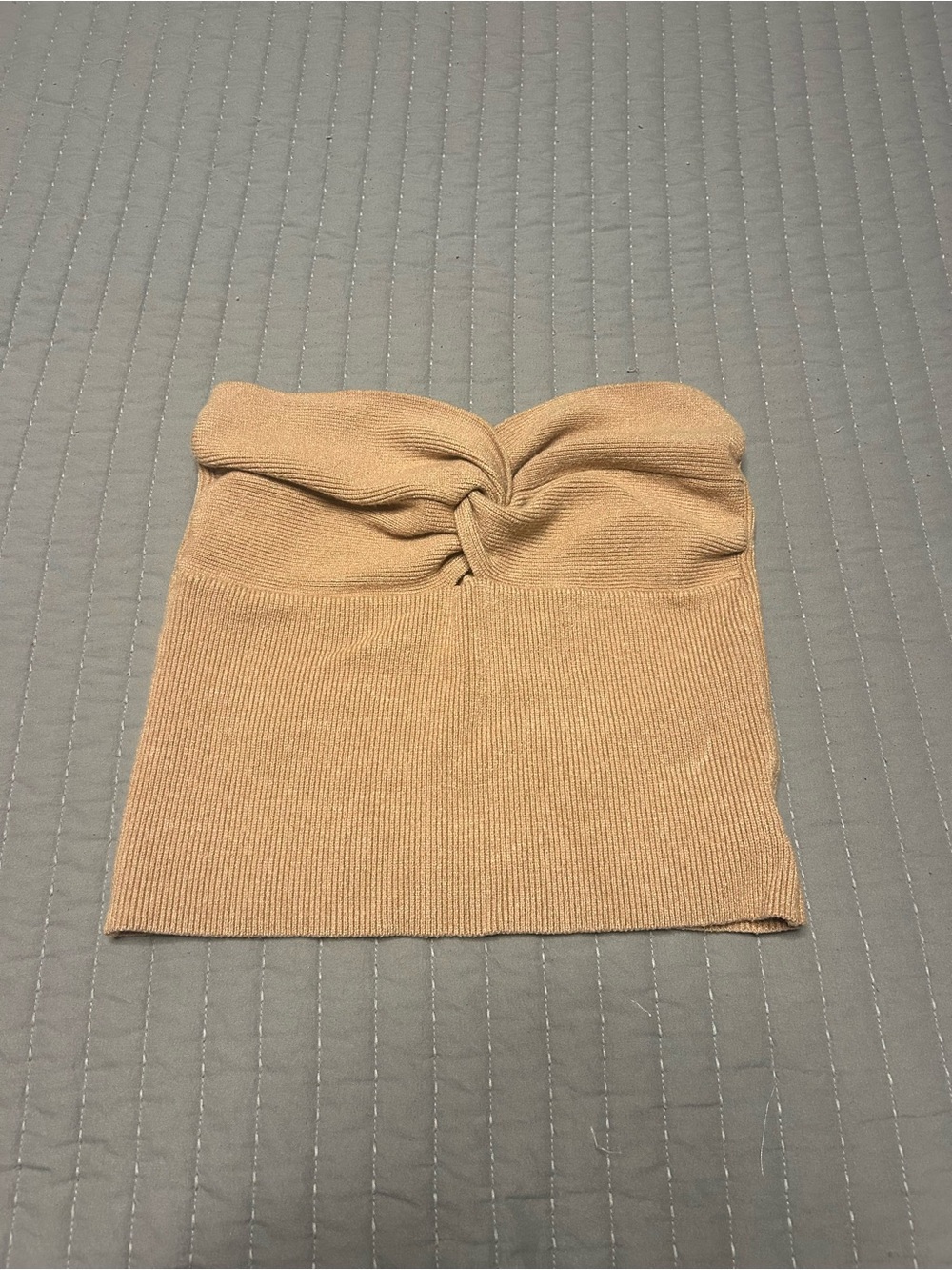 Knit Strapless Twist-Front Tube Top in Beige
